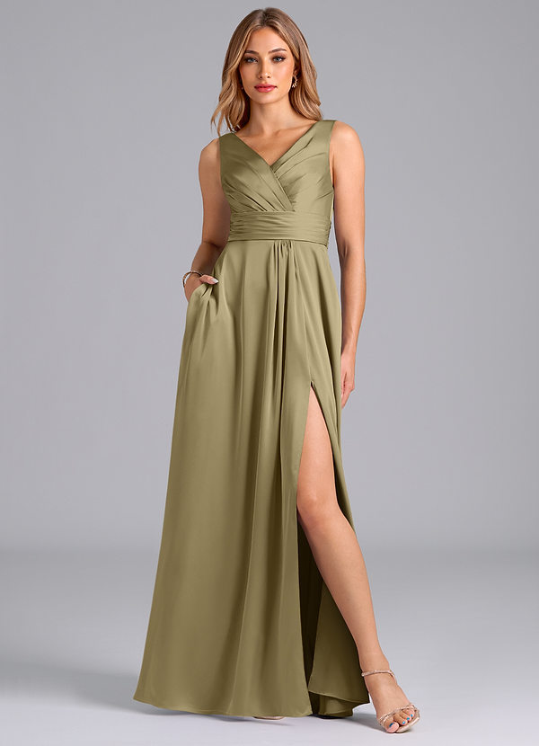 Azazie Karina Robes de demoiselle d'honneur Robe Trapèze en Satin extensible Plissée Vert Mousse image1