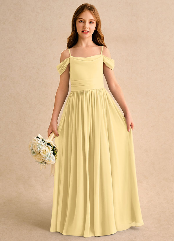 Azazie Shia Girls Formal Flower Girl Dresses Butter A-Line Off the Shoulder Chiffon Dress image1