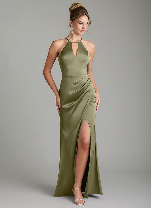 Azazie Aidyn Vestidos Dama de Honor Vestido de Pistacho de Satén Elástico de Corte Recto con Plisado image1