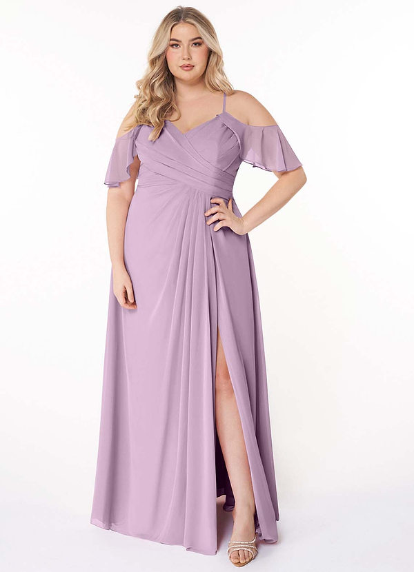 Azazie Dakota Vestidos Dama de Honor Vestido de Glicinia de Gasa de Corte en A con Cuello en V plisado image1