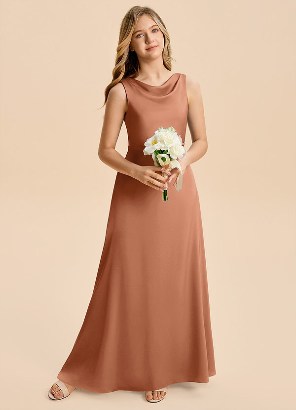 Azazie Kiki Junior Bronzer A-Line Bow Stretch Satin Dress image1