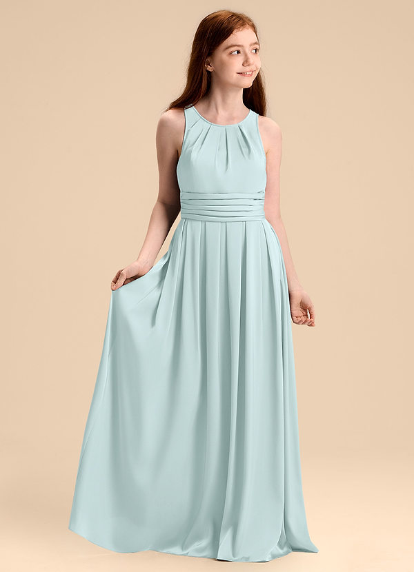 Azazie Bibiane Junior Abito A-Line in Raso Elasticizzato Plissettato Sea Glass image1