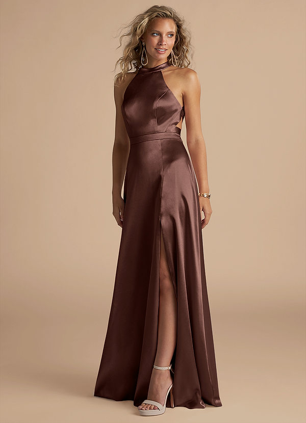 Azazie Clarice Bridesmaid Dresses Espresso A-Line High Neck Metallic Satin Dress image1