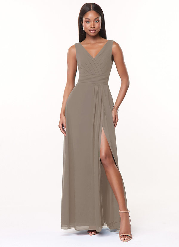 Azazie Karina Bridesmaid Dresses Taupe A-Line Pleated Chiffon Dress image1