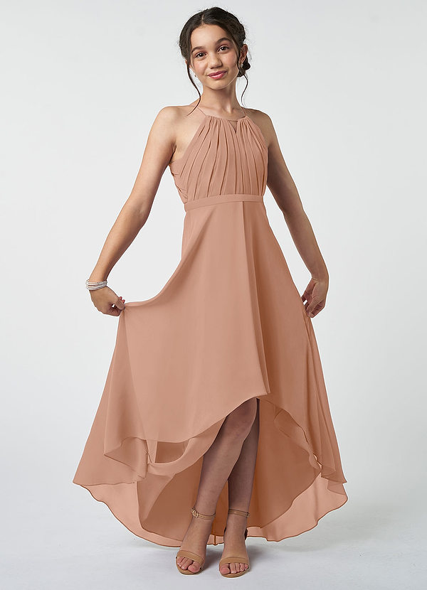Azazie Oaklynn Junior Robe Trapèze en Mousseline de soie Plissée Champagne Rosé image1