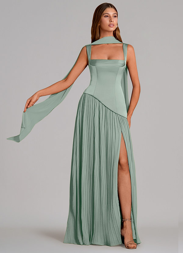 Azazie Stephanie Bridesmaid Dresses Agave A-Line Pleated Stretch Satin Dress image1