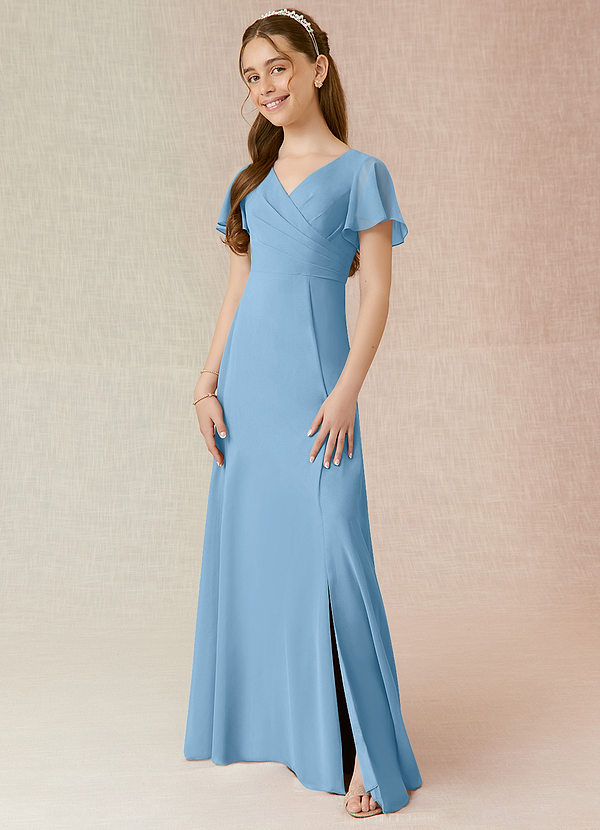 Azazie Induh Junior Steel Blue A-Line Ruched Chiffon Dress image1