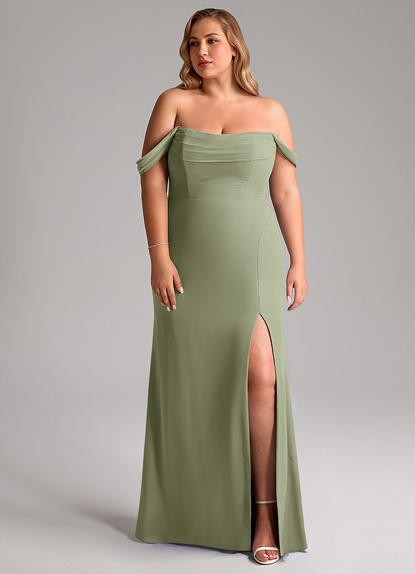 Azazie Saige Brautjungfernkleider Wandelbar A-Linie Schulterfrei Chiffon Kleid Pistazie image1