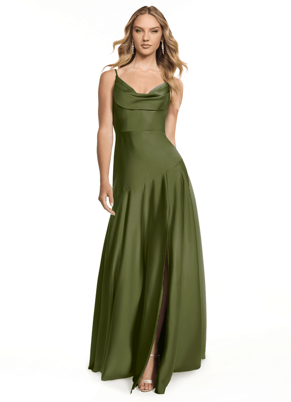 Azazie Kayla Bridesmaid Dresses Olive Sheath Side Slit Stretch Satin Dress image1