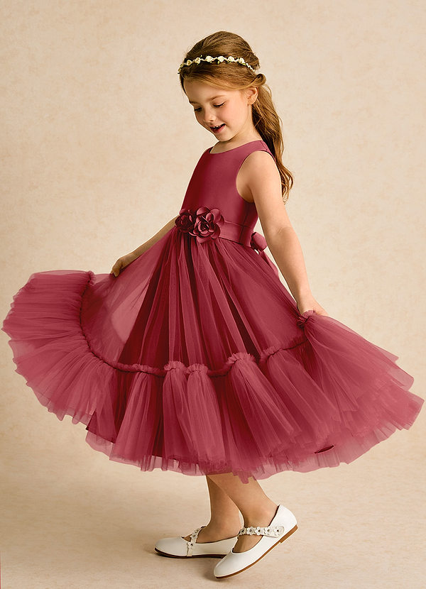 Azazie Miracle Flower Girl Dresses Pomegranate A-Line Bow Matte Satin Dress image1