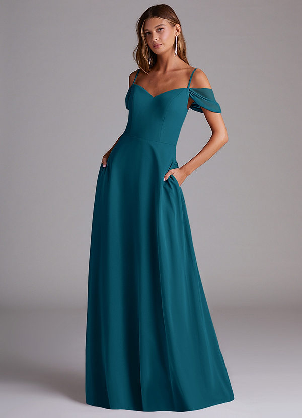 Azazie Marley Bridesmaid Dresses Ink Blue A-Line Off the Shoulder Chiffon Convertible Dress image1