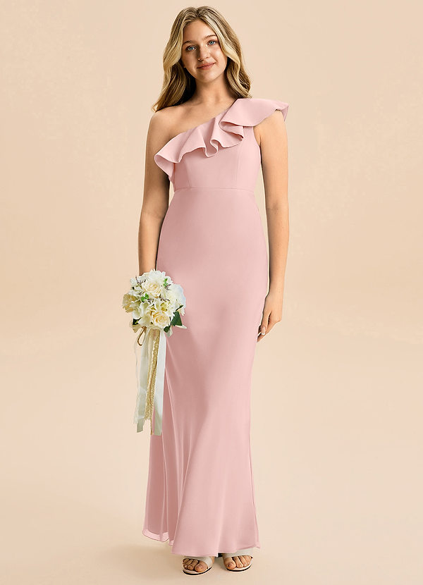 Azazie Alissa Junior Powder Pink A-Line Ruched Chiffon Dress image1