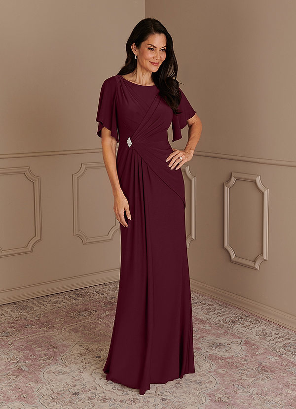 Azazie Louanne Mother of the Brides Dresses Cabernet Mermaid Boatneck Pleated Luxe Knit Dress image1