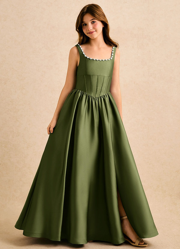 Azazie Enid Girls Formal Robes de Fillette d'Honneur Robe Trapèze en Satin extensible Perlé Olive image1