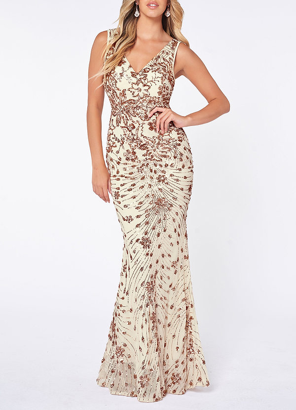 front Truly Alluring Champagne Sequin Mermaid Maxi Dress