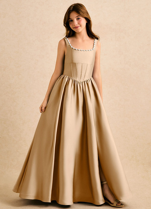Azazie Enid Girls Formal Vestidos de Niña de Flores Vestido de Oro de Satén Elástico de Corte en A con Perla image1
