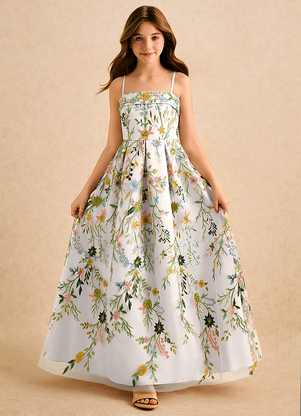 Azazie Lark Girls Formal Flower Girl Dresses White A-Line Pleated Lace Dress image1