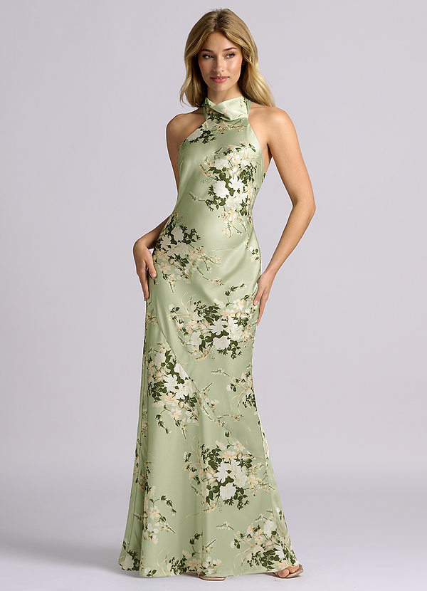 Azazie Velli Brudtärneklänningar Klä av Sjöjungfru i Stretch Satin Hög hals Blommiga Rankor image1