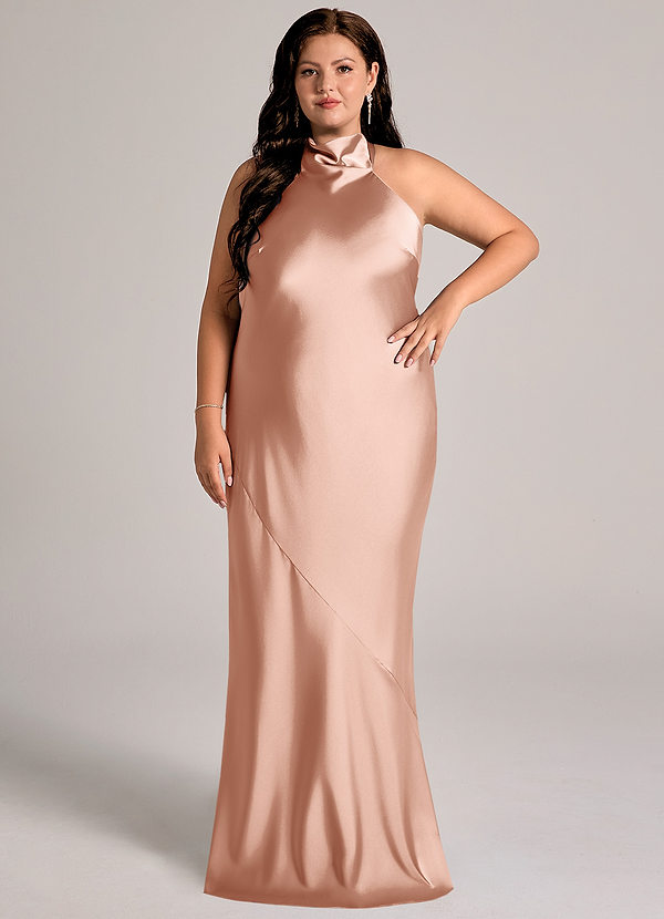 Azazie Velli Suknie dla druhen Syrena Wysoka Kołnierz Satyna elastyczna Do ziemi Sukienka image1