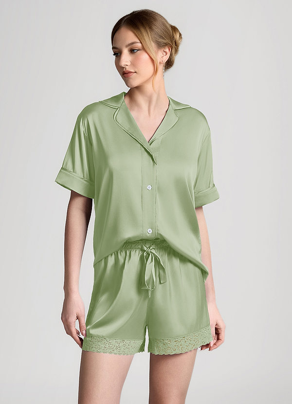 front Dusty Sage Satin Lace Trim Short Sleeve Pajama Set