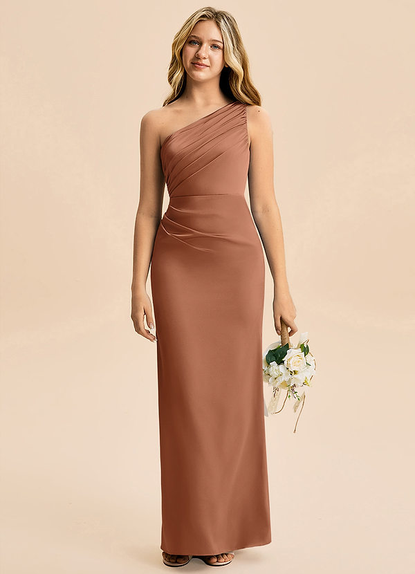 Azazie Akilah Junior Bronzer Sheath Pleated Stretch Satin Dress image1