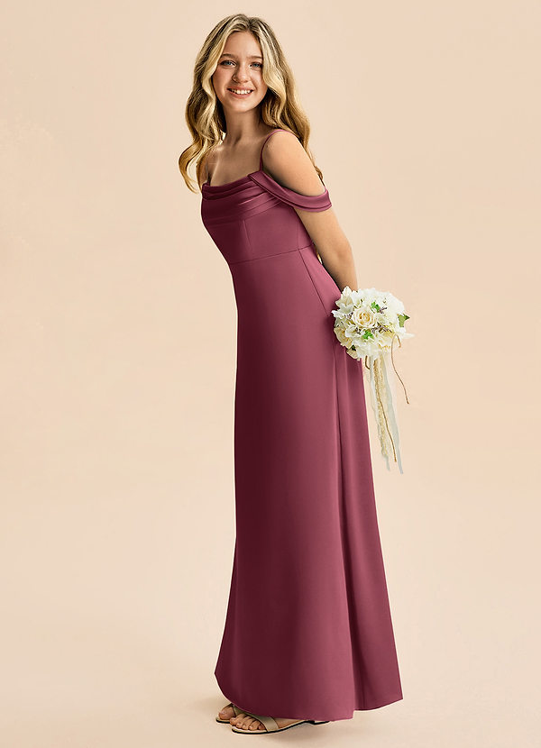 Azazie Lettie Junior A-Line Off-Shoulder Stræk satin Gulv-længde Junior brudepige Kjole image1