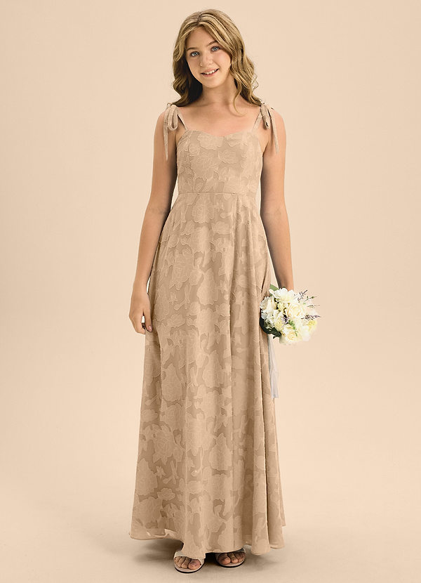 Azazie Rosey Junior Champagne A-Line Sweetheart Neckline Floral Burnout Dress image1