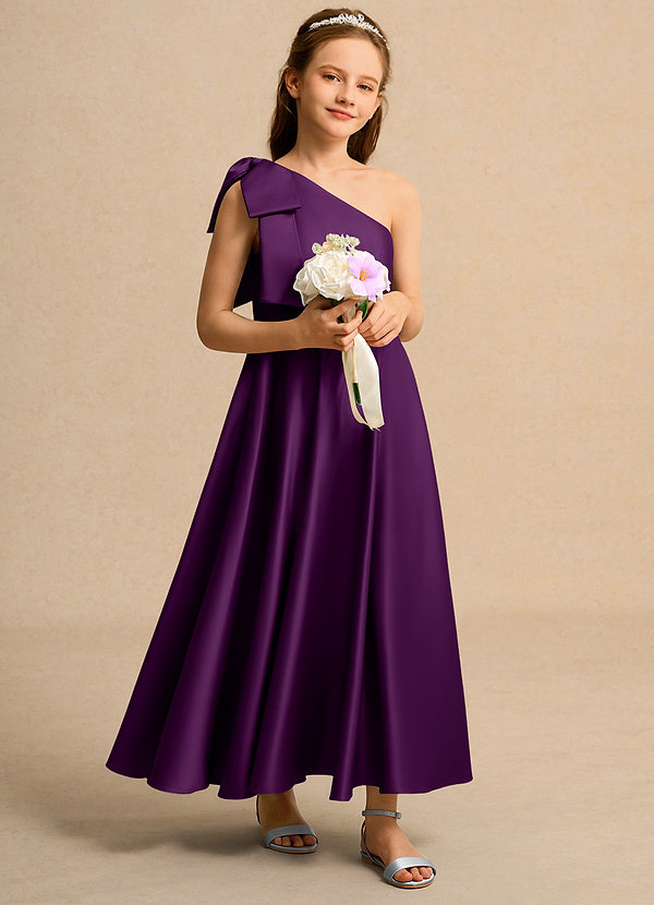 Azazie Guppy Junior Formal Vestidos de Niña de Flores Vestido de Uva de Satin Mate de Corte En A con Hombro unilateral image1