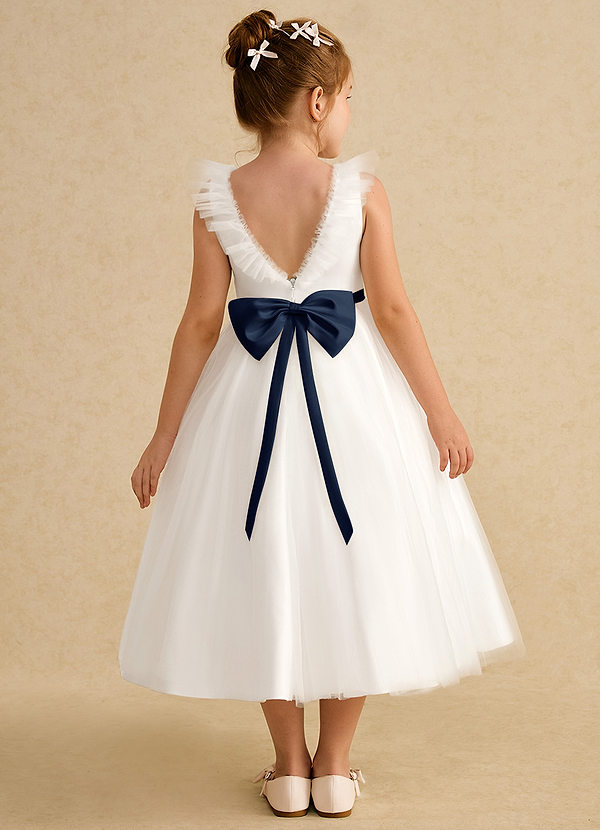 Azazie Amber Abiti da Ragazza di Fiori Abito A-Line in Tulle Fiocco Avorio Blu Scuro image1