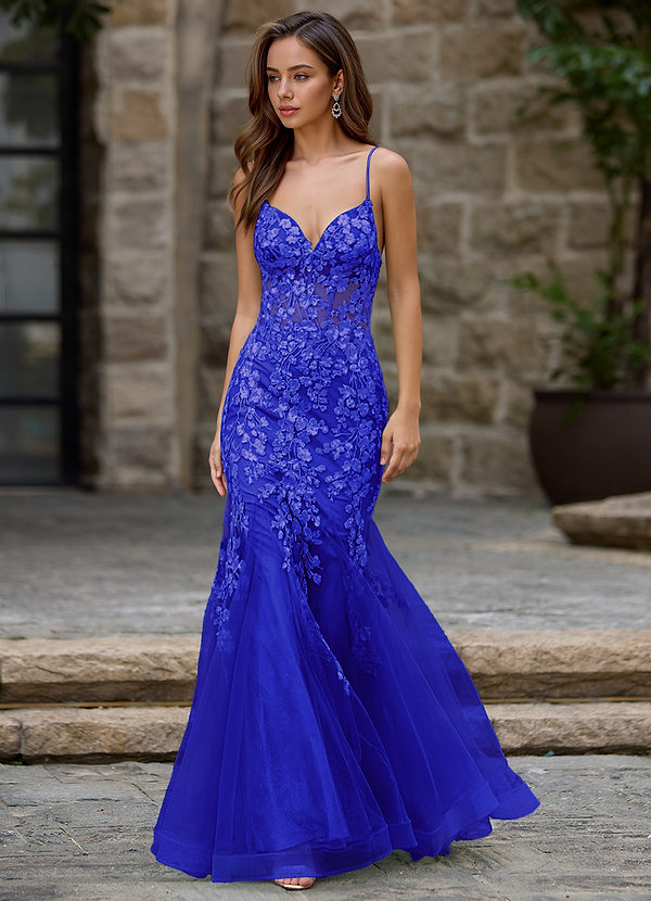 Dentelle Ocean Blue Trumpet/Mermaid V Neck Tulle Sweep Train Prom Dress with Appliqued Sequins Glitter image1