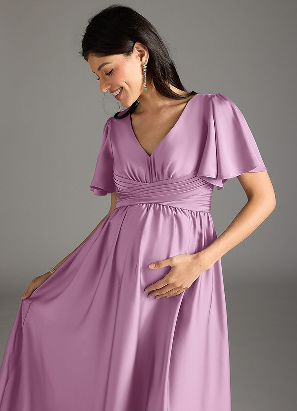 Azazie Verna Vestidos de dama de honor de maternidad Vestido de Corte En A Volante Hasta el suelo Satén Elástico image1