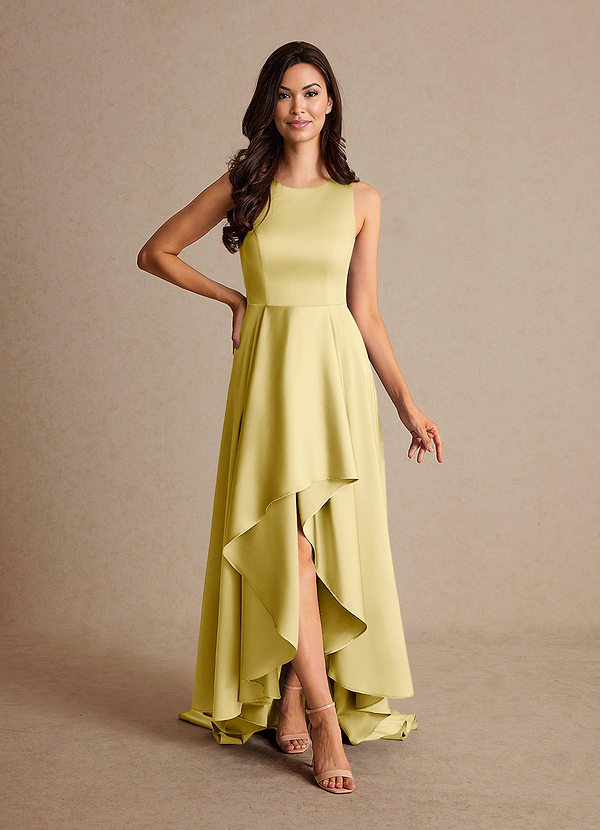 Azazie Niles Robe Mère de la Mariée & du Marié Robe Trapèze en Satin extensible Traînes Sorbet Citron image1