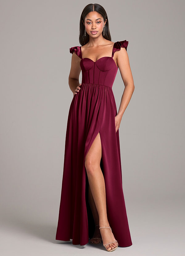 Azazie Denisse Brautjungfernkleider A-Linie Gestreift Stretch-Satin Kleid Burgunderrot image1