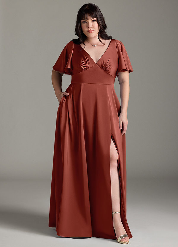Azazie Kimber Robes Demoiselle d'honneur Robe Trapèze en Satin extensible Rayé Terracotta image1