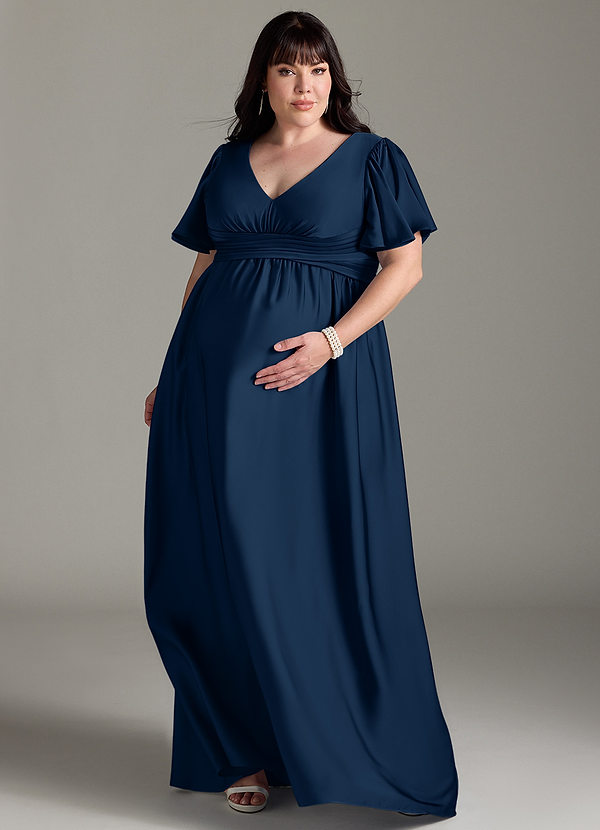 Azazie Verna Maternity Bridesmaid Dresses A-Line Ruched Stretch Satin Floor-Length Dress image1