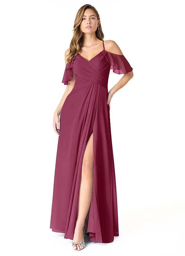 Azazie Dakota Brautjungfernkleider A-Linie V-Hals Gefaltet Chiffon Kleid Maulbeerrot image1