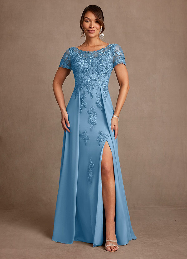 Azazie Alva Mother of the Brides Dresses Steel Blue A-Line Lace Dress image1