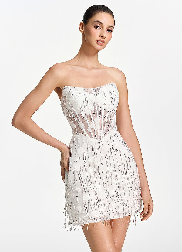 Madison Weiß Trägerloses Minikleid aus Mesh-Korsett mit Fransen image1