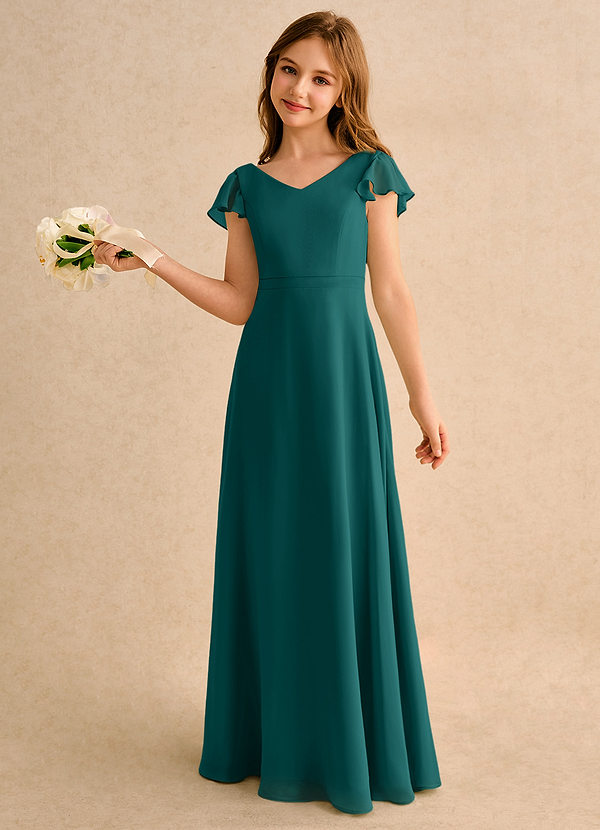 Azazie Nari Junior Formal Abiti da Ragazza di Fiori Abito A-Line in Chiffon Con Maniche Verde Pavone image1