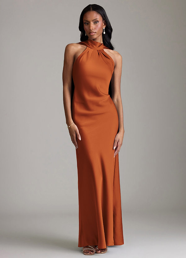 Azazie Cassiana Bruidsmeisjes Jurken Jurk van Stretch Satijn met Zeemeermin Geplooid Kaneel image1