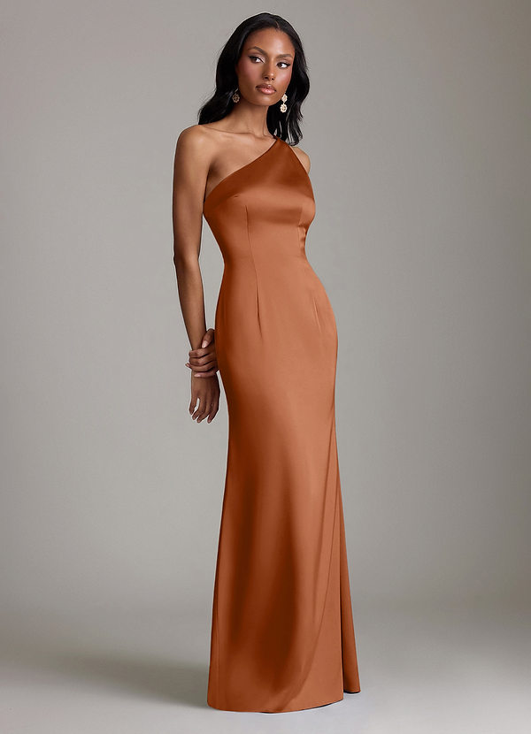 Azazie Voni 신부 들러리 드레스 인어 한쪽 어깨 스트레치 새틴 바닥 길이 드레스 image1