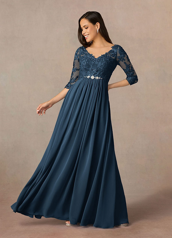 Hayek Mother of the Brides Dresses Dark Navy A-Line V-Neck Lace Chiffon Dress image1