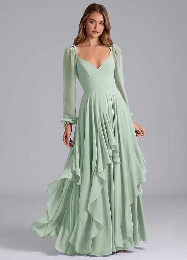 Azazie Karan Bridesmaid Dresses Agave A-Line Long Sleeve Chiffon Dress image1