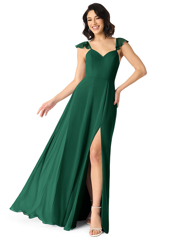 Azazie Everett Vestidos de dama de honor Vestido Esmeralda de Gasa de Línea A con Cuello en V fruncido image1