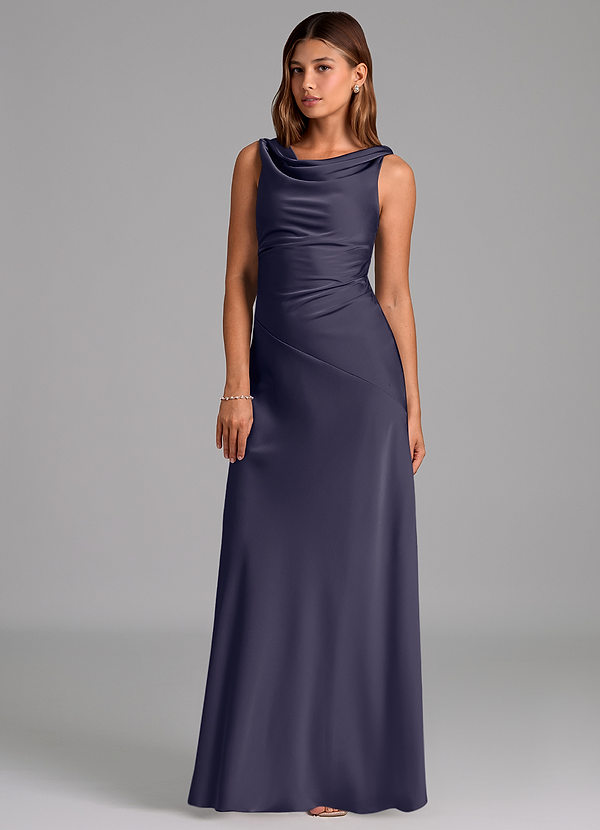 Azazie Nerine 신부 들러리 드레스 A라인 주름진 스트레치 새틴 바닥 길이 드레스 image1