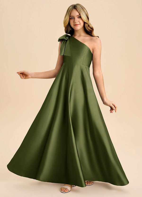 Azazie Penguin Junior Abito A-Line in Raso Elasticizzato Fiocco Oliva image1