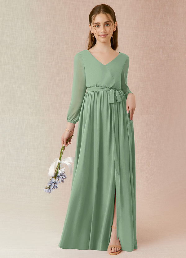 Azazie Angelica Junior Abito A-Line in Chiffon Plissettato Matcha image1
