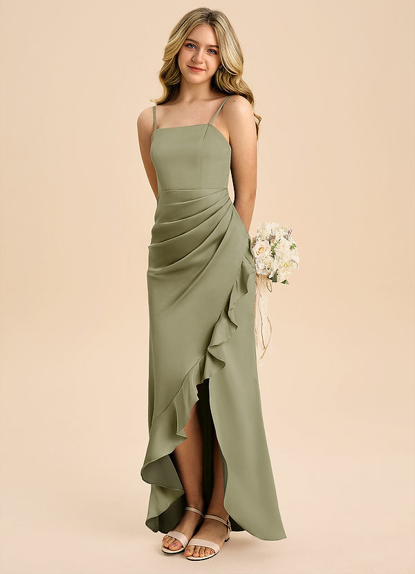 Azazie Buzzy Junior Pistachio Sheath Pleated Stretch Satin Dress image1