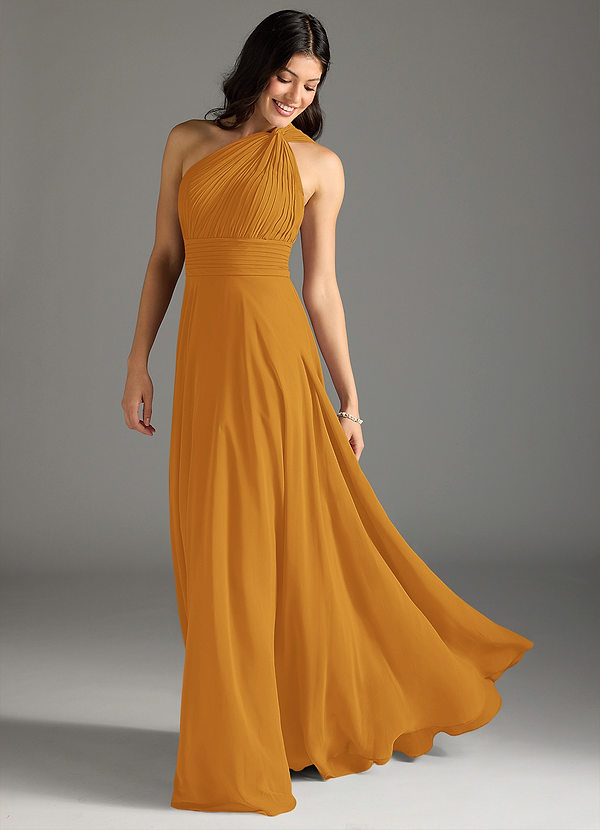 Azazie Charlize Bridesmaid Dresses Butterscotch A-Line One Shoulder Chiffon Dress image1