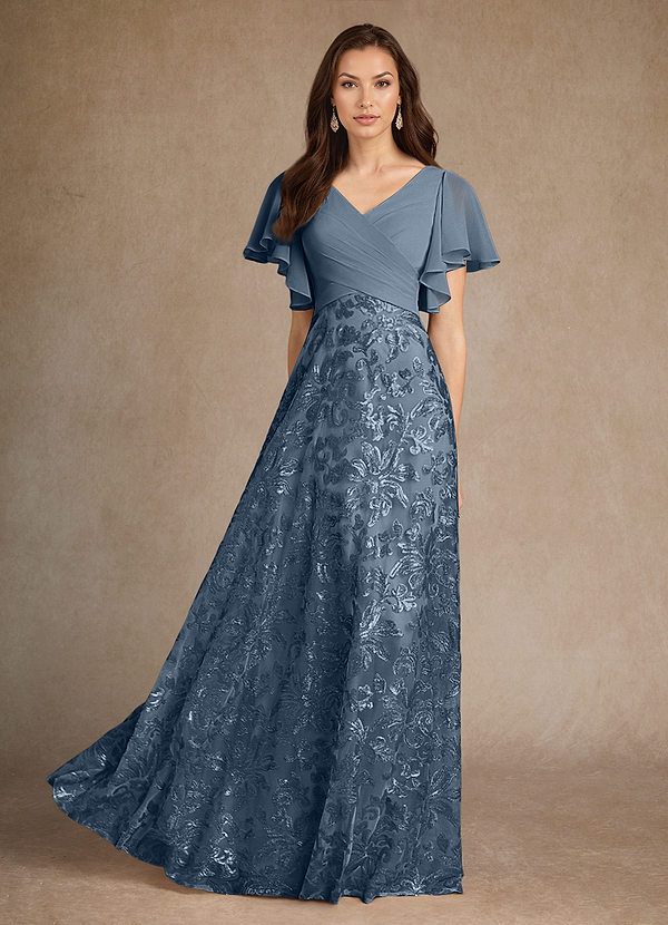 Azazie Fallon Mother of the Brides Dresses Dusty Blue A-Line Pleated Lace Dress image1